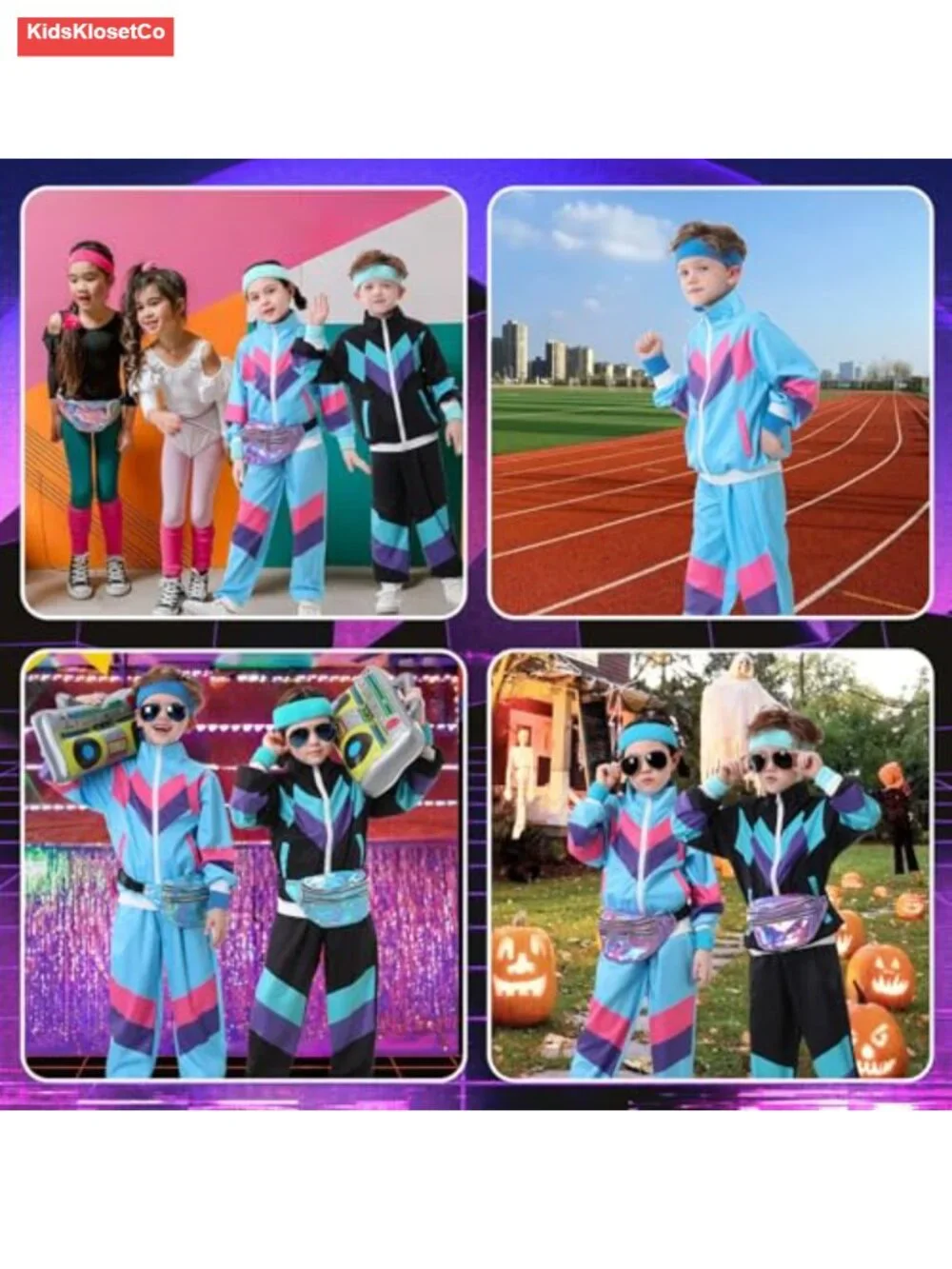 Kids 80s 90s Costume Set Unisex Tracksuit 6Pcs Retro Dance Outfit